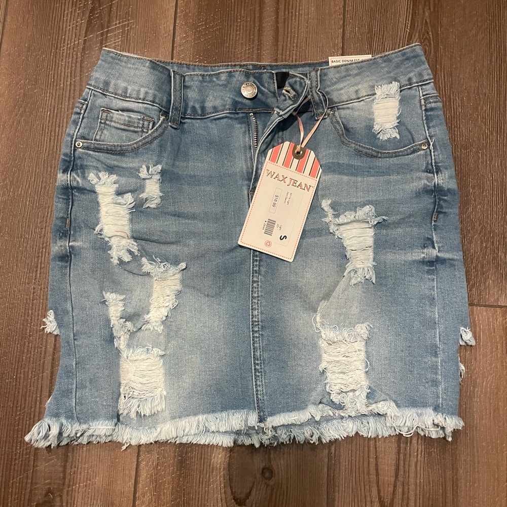 Wax Jean Light Blue Distressed Pencil Skirt